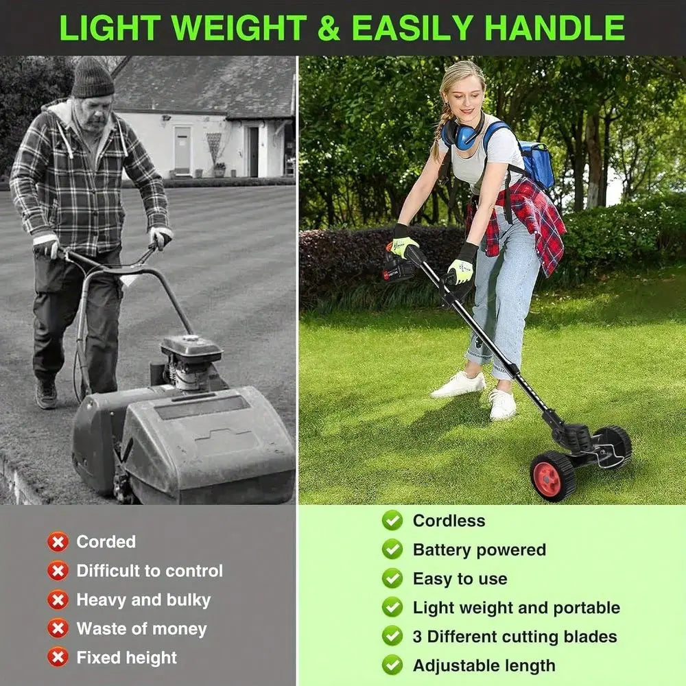 graded Cordless Electric Lawn Mower 24V 2X4.0Ah BatteryPowered, 4In1 Grass Trimmer Edger Mini Mower Brush Cutter With 3 Types