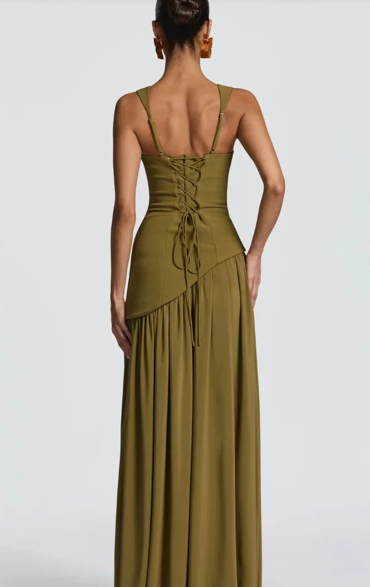 Suninheart Summer Elegant Olive Green Maxi Dress for Women Flowy Long Dress with Scarf Birthday Party Beach Graduation dress
