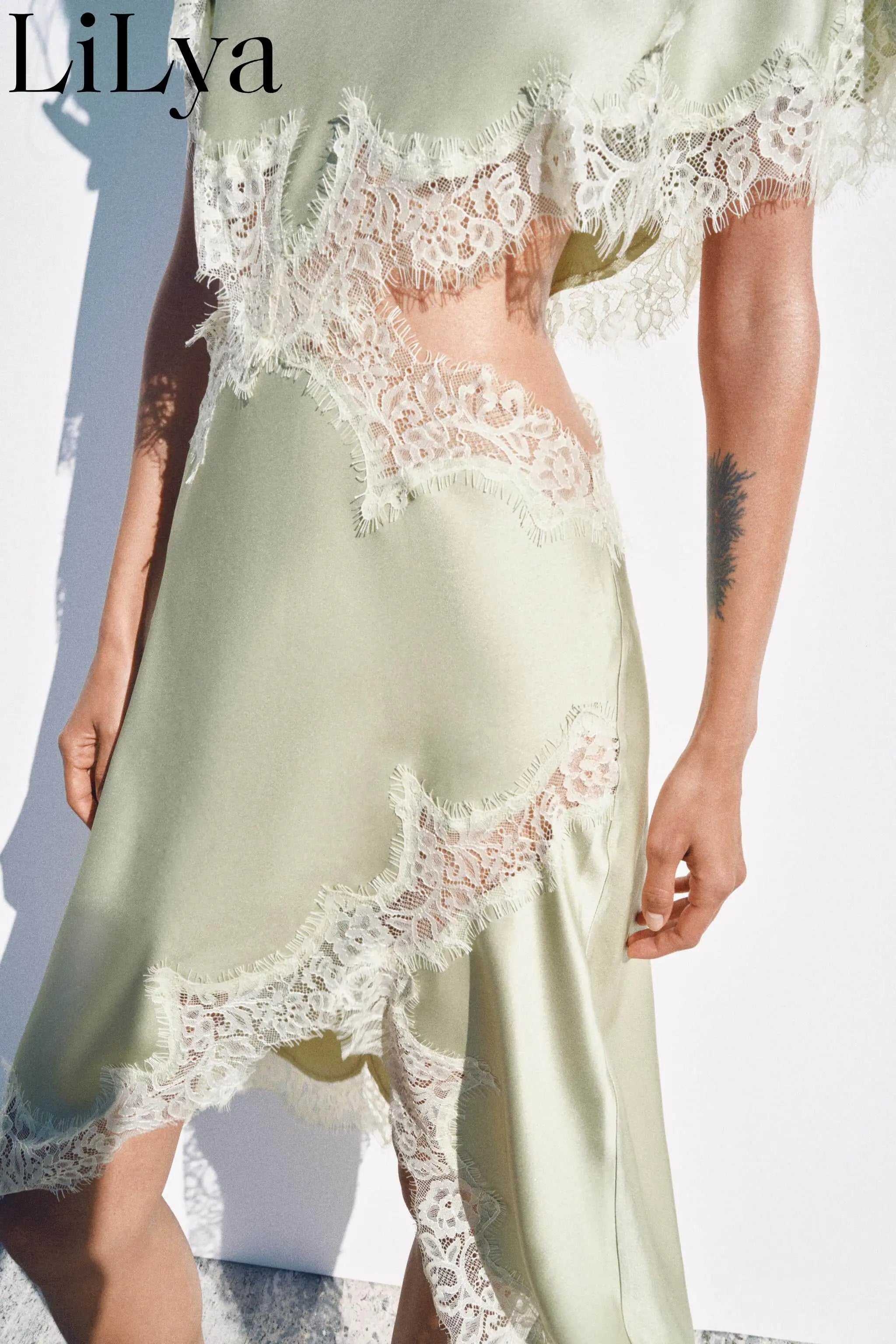 Elegant Solid Waist Hollow Out Woman Dress Lace Trim Cutout Asymmetrical Midi Dress Y2K Lady Sexy Club Party Woman Dress 2026NEW