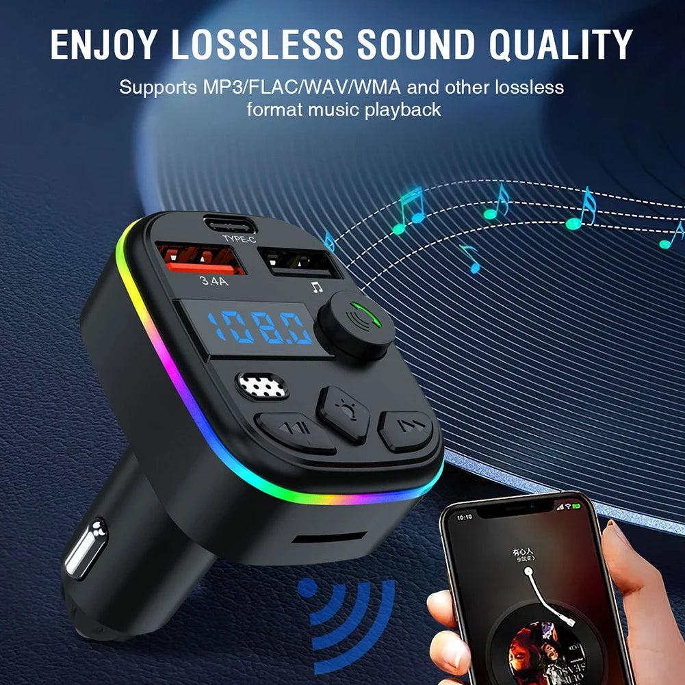 Hands Free Wireless Car Kit Car MP3 Player Bluetooth-Compatible 5.3 Support TF Card U Disk Cell Phone Charger Car FM Transmitter