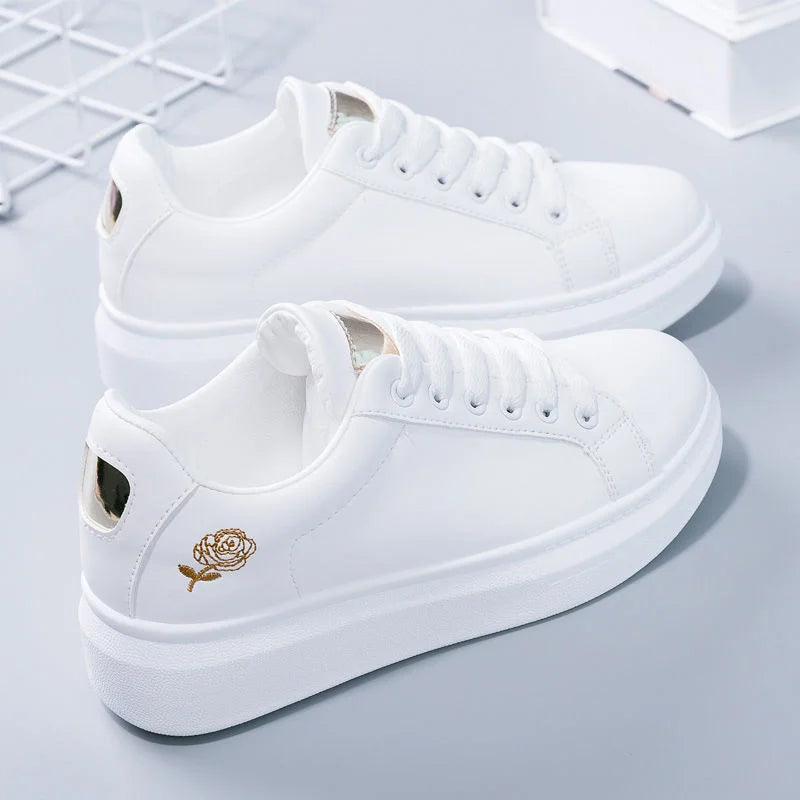 Women Leather Pu Casual Shoes New 2025 Woman Shoes Fashion Embroidered White Sneakers Breathable Flower Lace-Up Women Sneakers