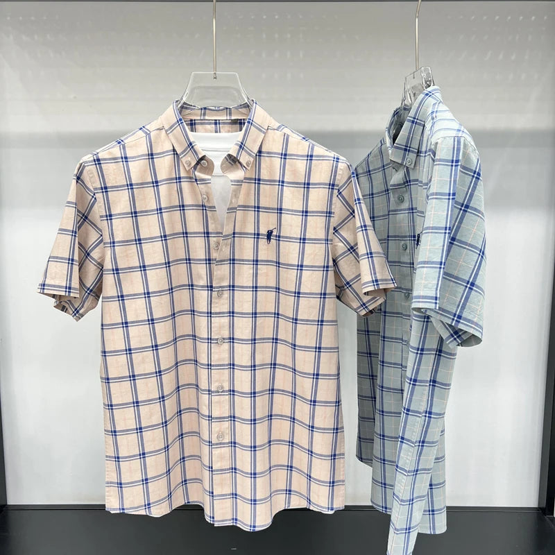 Paul's Plaid Short Sleeve Shirt Men's Summer High-End Small Pony Logo 100% Pure Cotton Half-Sleeve Casual Shirt