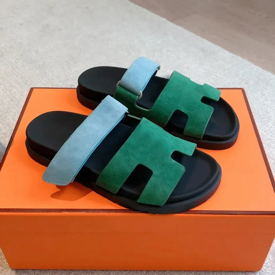 Designer O 'Blue Quality Outdoor Leisure Resort Beach Flats Leather Slippers Chype Season Classic Sandals Size