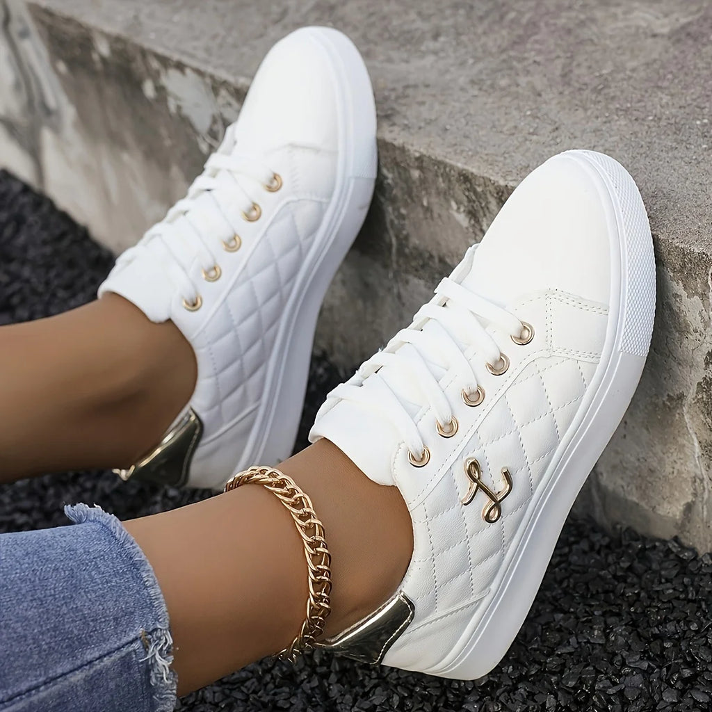 Fashion Lightweight Women's Sneakers - Black, White and Gold Embellished, Lace-Up Low-Top Casual Shoes for All Seasons