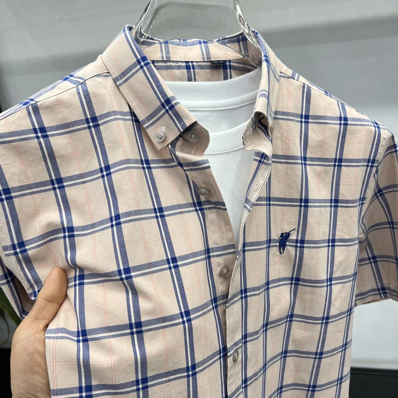 Paul's Plaid Short Sleeve Shirt Men's Summer High-End Small Pony Logo 100% Pure Cotton Half-Sleeve Casual Shirt