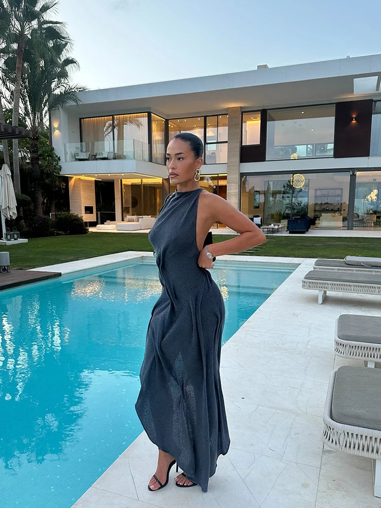 Romantic Soft Halter Maxi Dress Ruched Asymmetrical Women Dresses Anniversary Dinners Vacation Elegant Female Party Wear