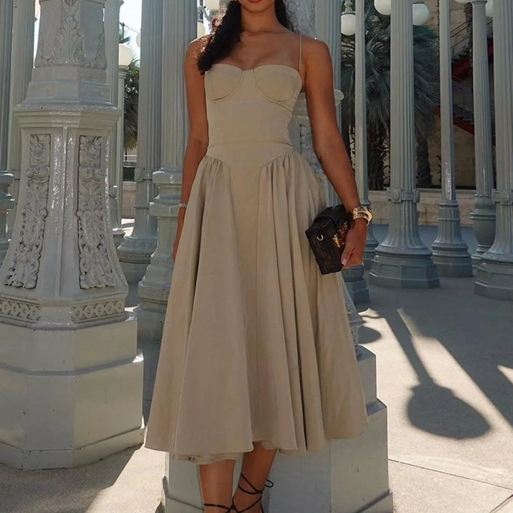 Suninheart Spaghetti Strap Summer Party Dresses 2025 New Arrivals Fit and Flare Elegant Midi Dress Red Night Date Dress