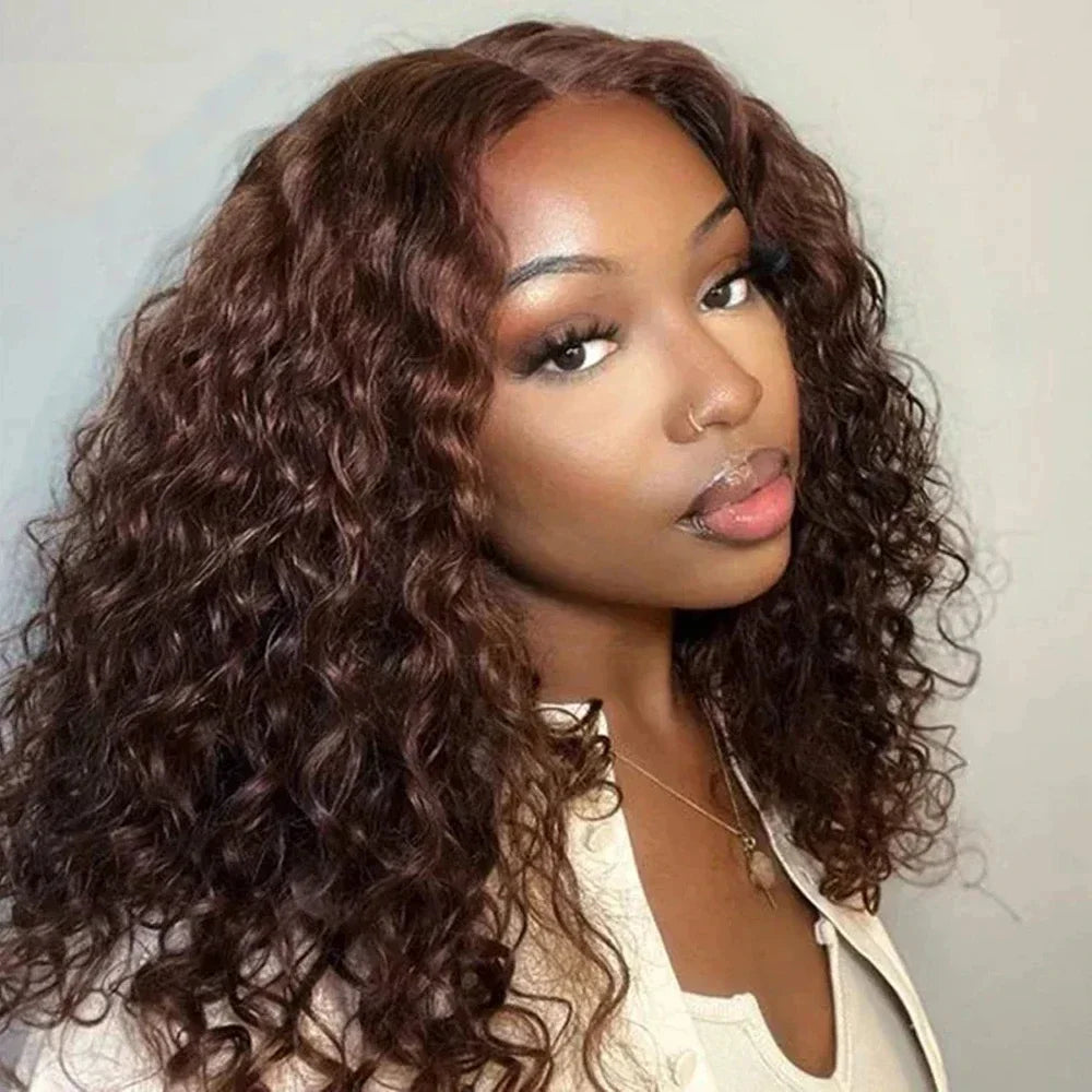 Deep Wave #4 Brown Water Wave Human Hair Bob Wigs 13×4 Lace Frontal Wigs Human Hair Short Wig Transparent Lace Human Hair Wig