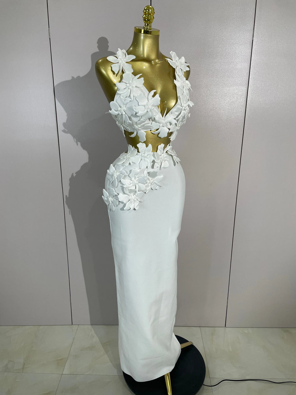Women Sexy White Flowers V-Neck Tops Bodycon Long Dress Two Pieces Set Eveing Party Prom Gown Nightclub Celebrate Birthday Dress