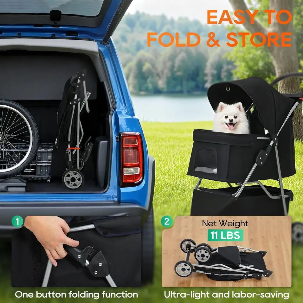 3Wheel Pet Stroller Dog and Cat Stroller Breathable Mesh Lightweight Travel Carrier Waterproof amp Foldable Design Storage Bask