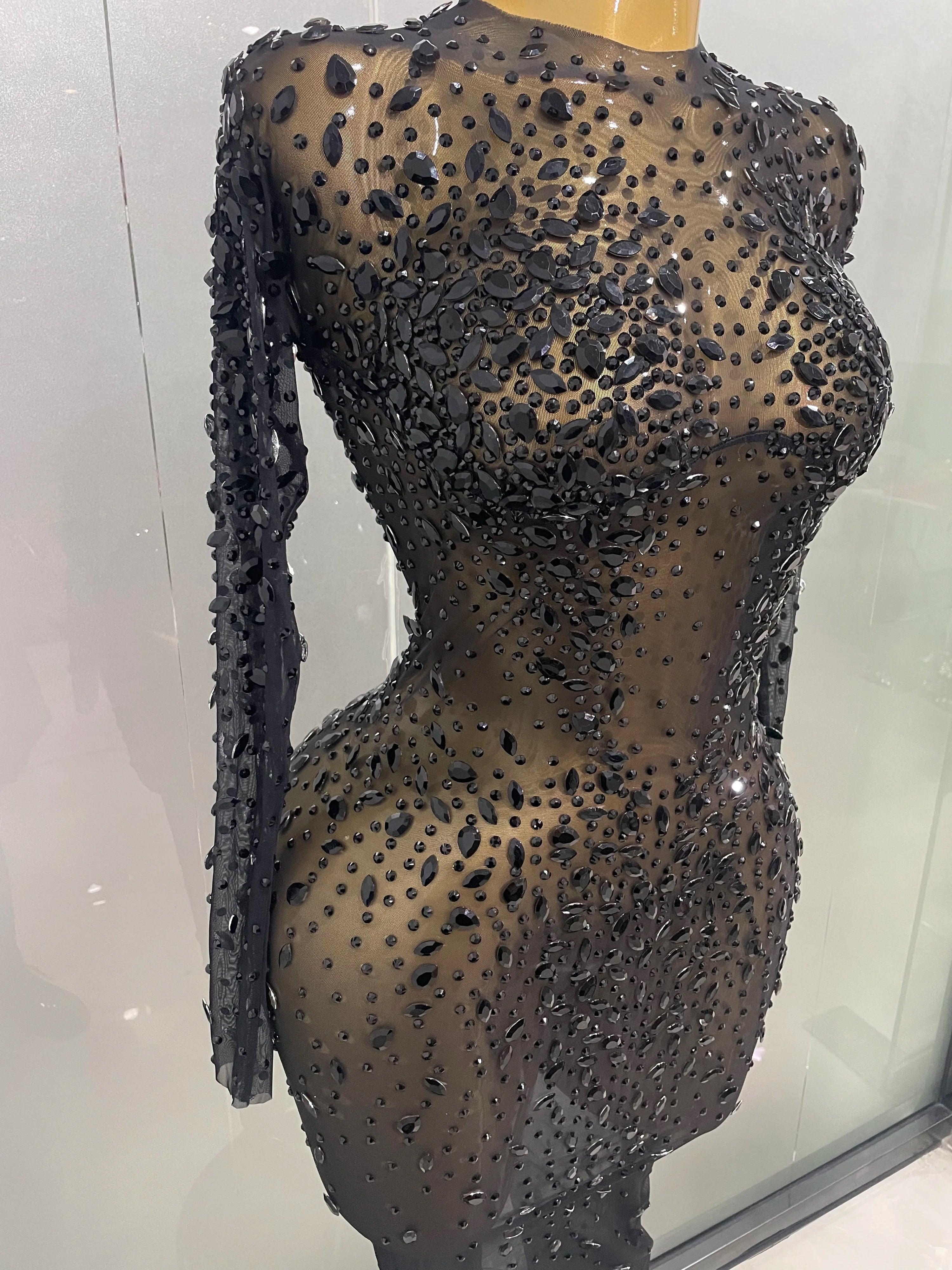 Sexy Shinny Rhinestone Stretch Mesh Transparent Long Dress 2025New Women Evening Birthday Party Prom Nightclub Singer Stage Wear