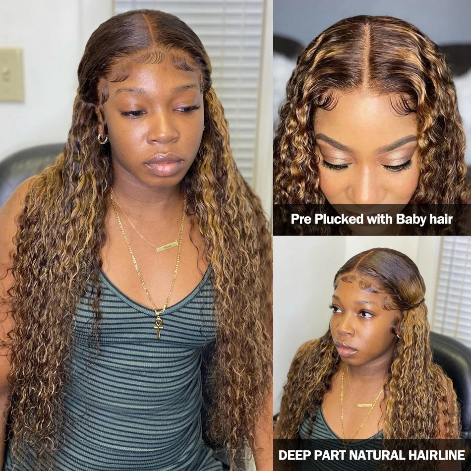 HD Transparent Highlight Wig Human Hair Honey Blonde Lace Front Wigs For Women Curly Human Hair Wig Deep Wave Lace Frontal Wig