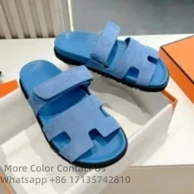 Designer O 'Blue Quality Outdoor Leisure Resort Beach Flats Leather Slippers Chype Season Classic Sandals Size