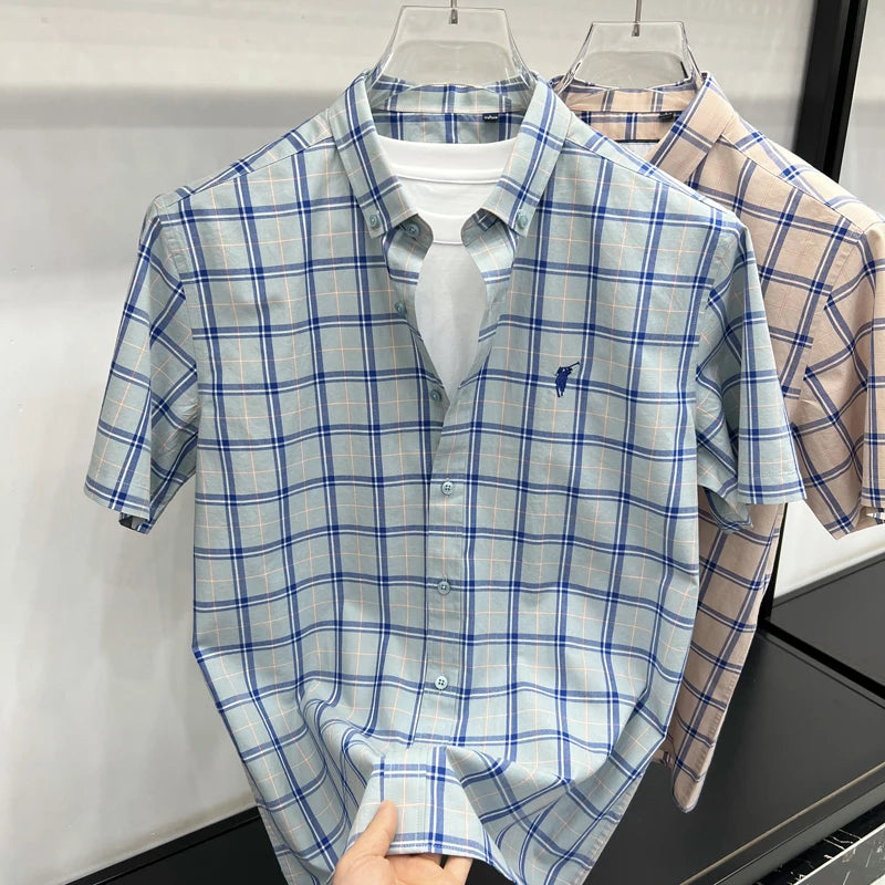 Paul's Plaid Short Sleeve Shirt Men's Summer High-End Small Pony Logo 100% Pure Cotton Half-Sleeve Casual Shirt
