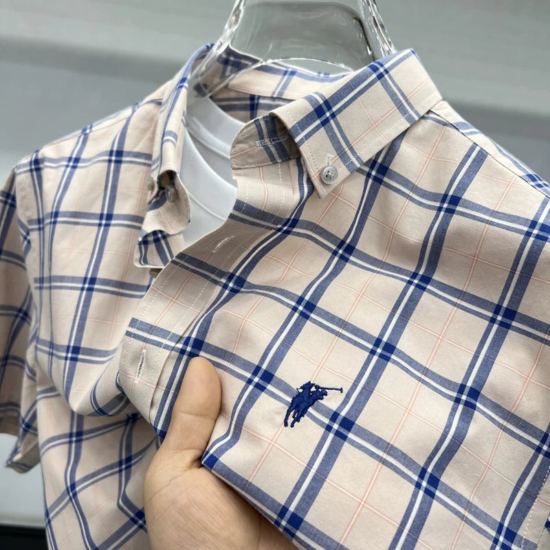 Paul's Plaid Short Sleeve Shirt Men's Summer High-End Small Pony Logo 100% Pure Cotton Half-Sleeve Casual Shirt