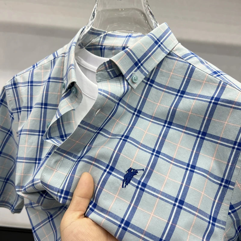 Paul's Plaid Short Sleeve Shirt Men's Summer High-End Small Pony Logo 100% Pure Cotton Half-Sleeve Casual Shirt