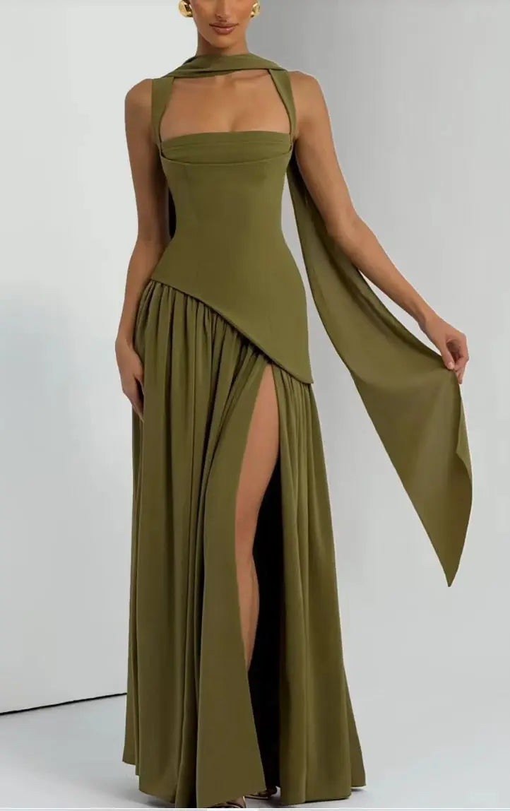 Suninheart Summer Elegant Olive Green Maxi Dress for Women Flowy Long Dress with Scarf Birthday Party Beach Graduation dress