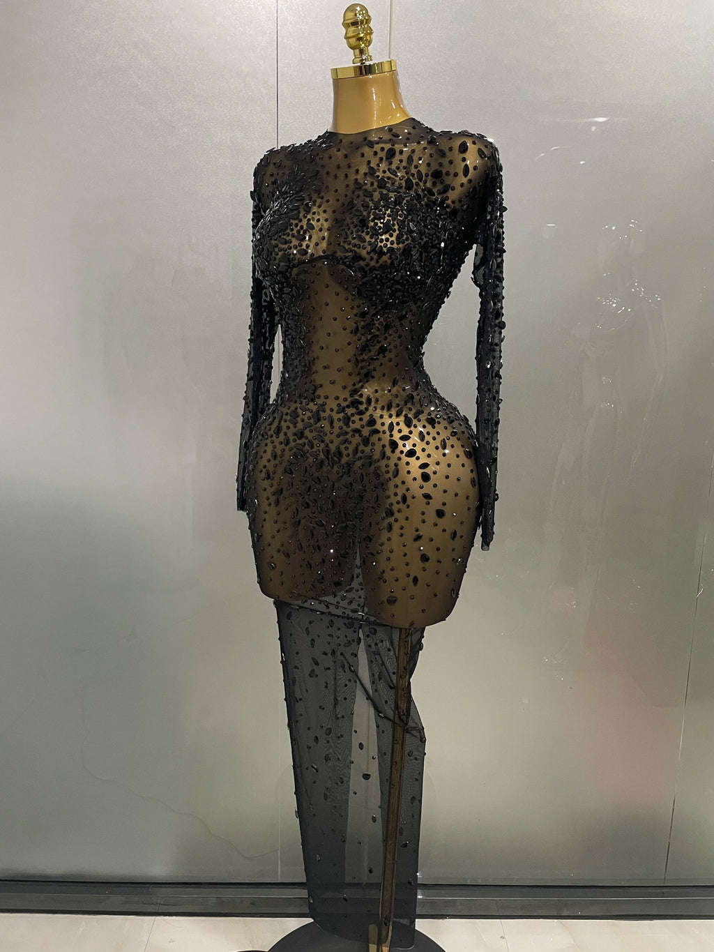 Sexy Shinny Rhinestone Stretch Mesh Transparent Long Dress 2025New Women Evening Birthday Party Prom Nightclub Singer Stage Wear