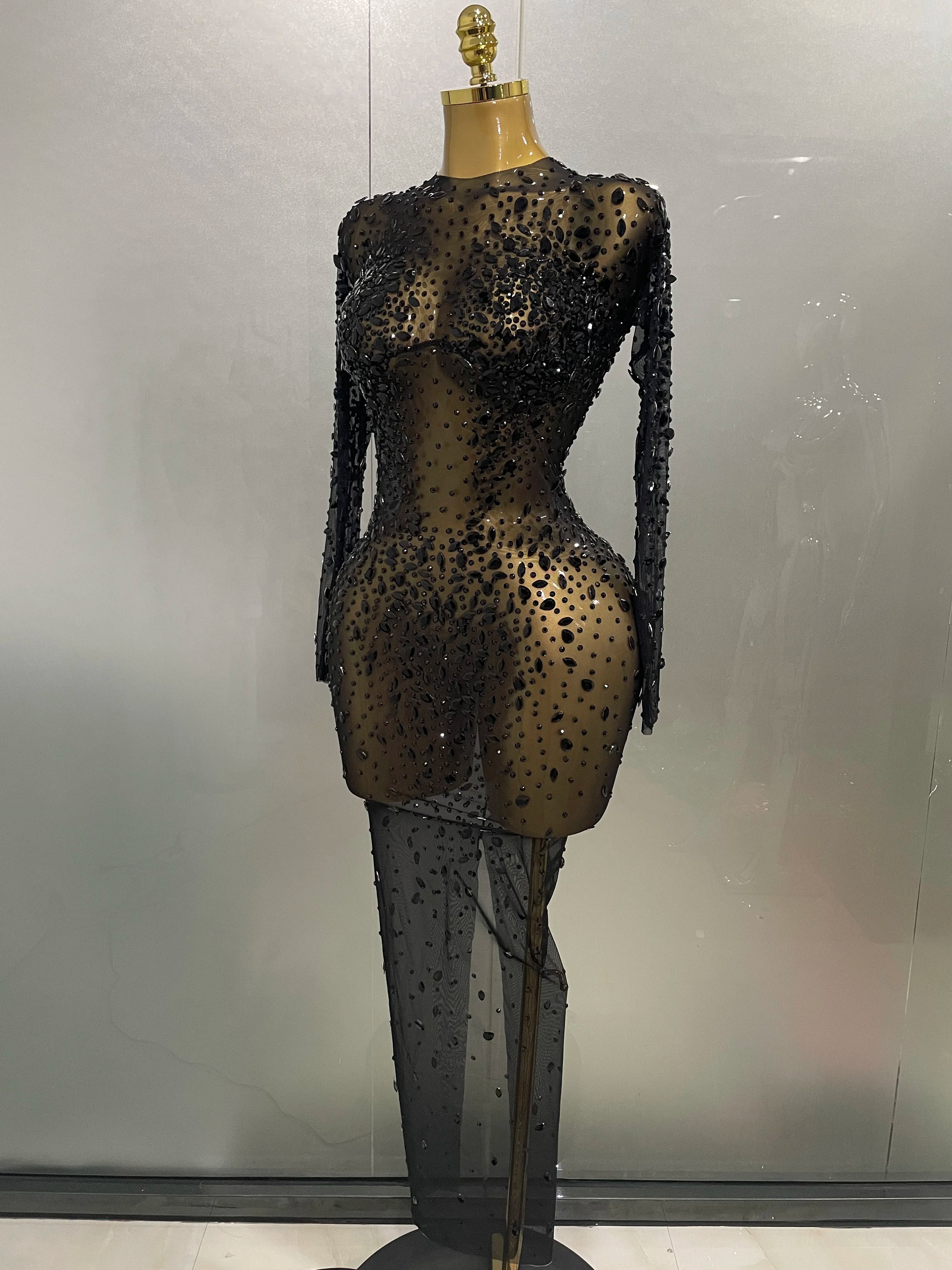 Sexy Shinny Rhinestone Stretch Mesh Transparent Long Dress 2025New Women Evening Birthday Party Prom Nightclub Singer Stage Wear