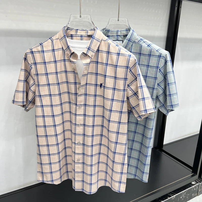 Paul's Plaid Short Sleeve Shirt Men's Summer High-End Small Pony Logo 100% Pure Cotton Half-Sleeve Casual Shirt