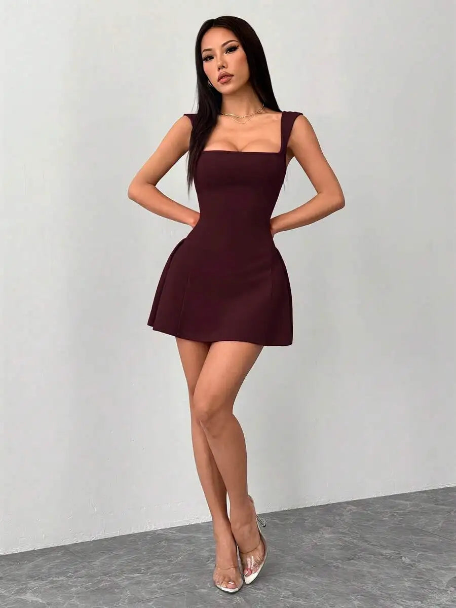 Women's Red Square Neck Mini Dress with Flared Skirt, Stretchy Fit for Party or Festival