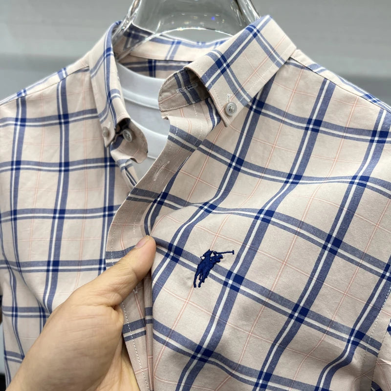 Paul's Plaid Short Sleeve Shirt Men's Summer High-End Small Pony Logo 100% Pure Cotton Half-Sleeve Casual Shirt