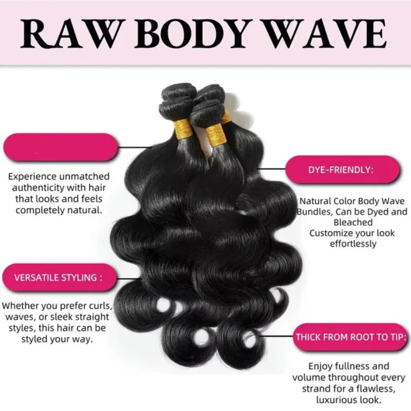 Body Wave Hair Bundles - Natural Black Brazilian Virgin Hair Weave 12A Unprocessed Hair Extensions.