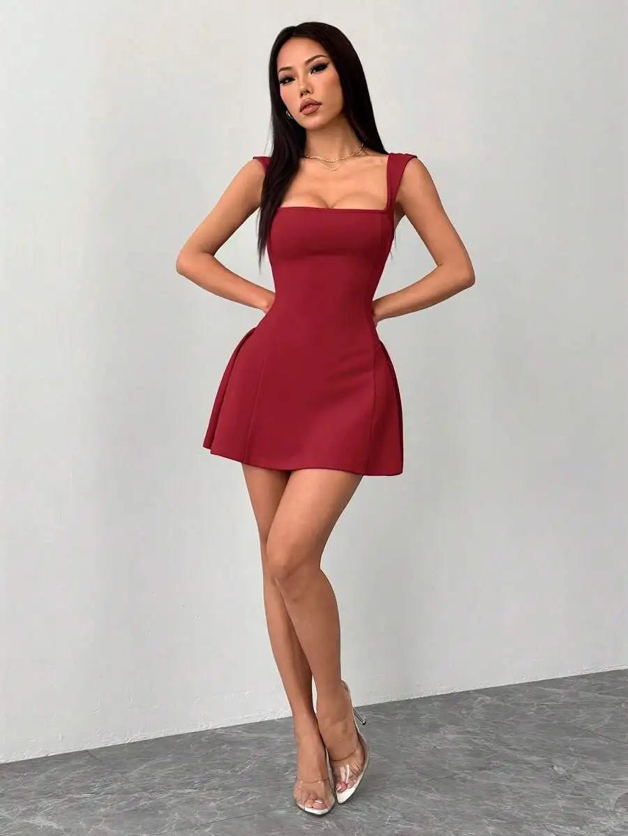 Women's Red Square Neck Mini Dress with Flared Skirt, Stretchy Fit for Party or Festival