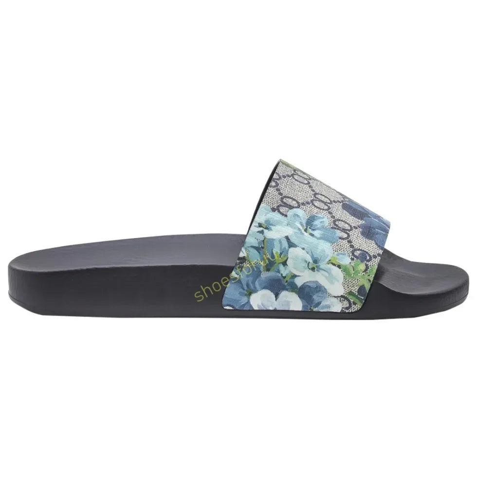 Designer Slippers Fashion Flat Slides Mens Womens claquettes Rubber Slide Sandal Black White Blooms Floral Flat Gear sole Luxury