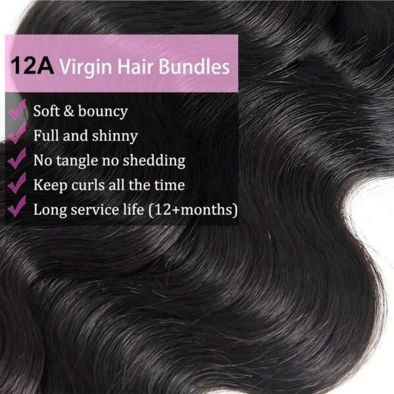 Body Wave Hair Bundles - Natural Black Brazilian Virgin Hair Weave 12A Unprocessed Hair Extensions.