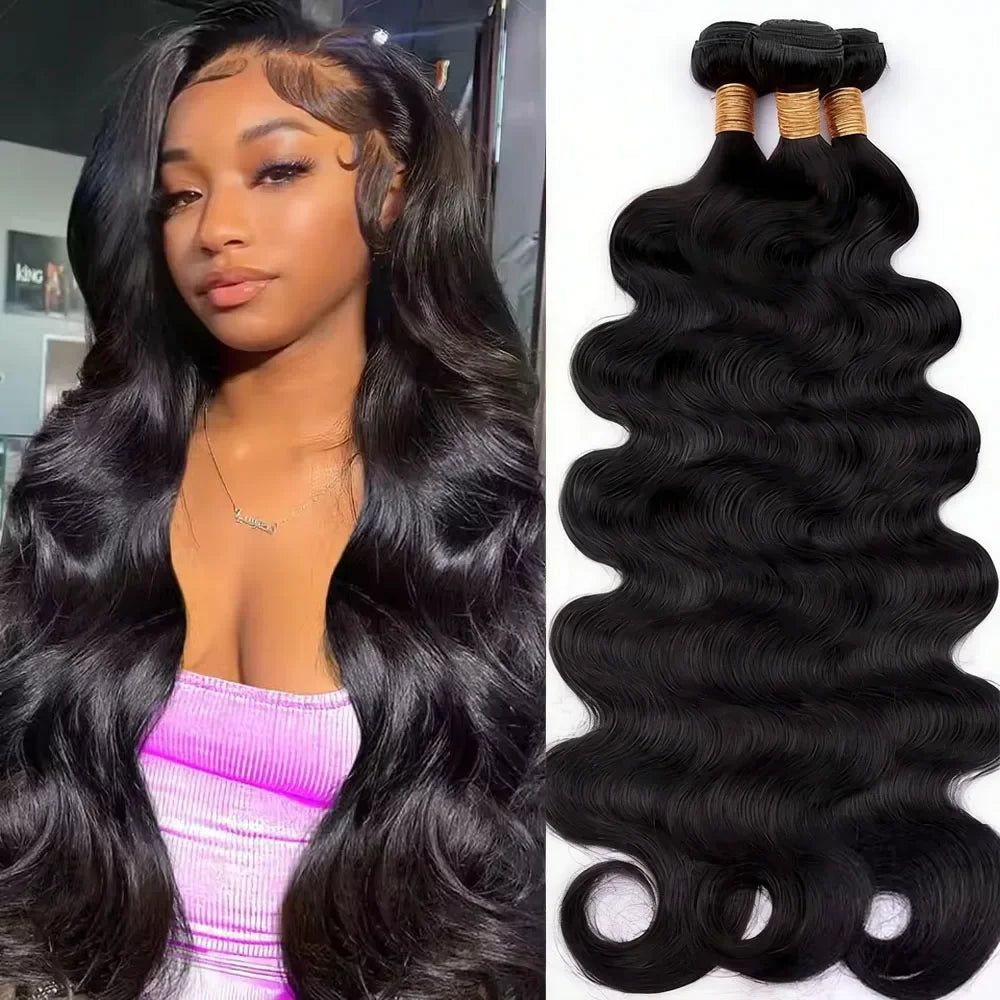 Body Wave Hair Bundles - Natural Black Brazilian Virgin Hair Weave 12A Unprocessed Hair Extensions.