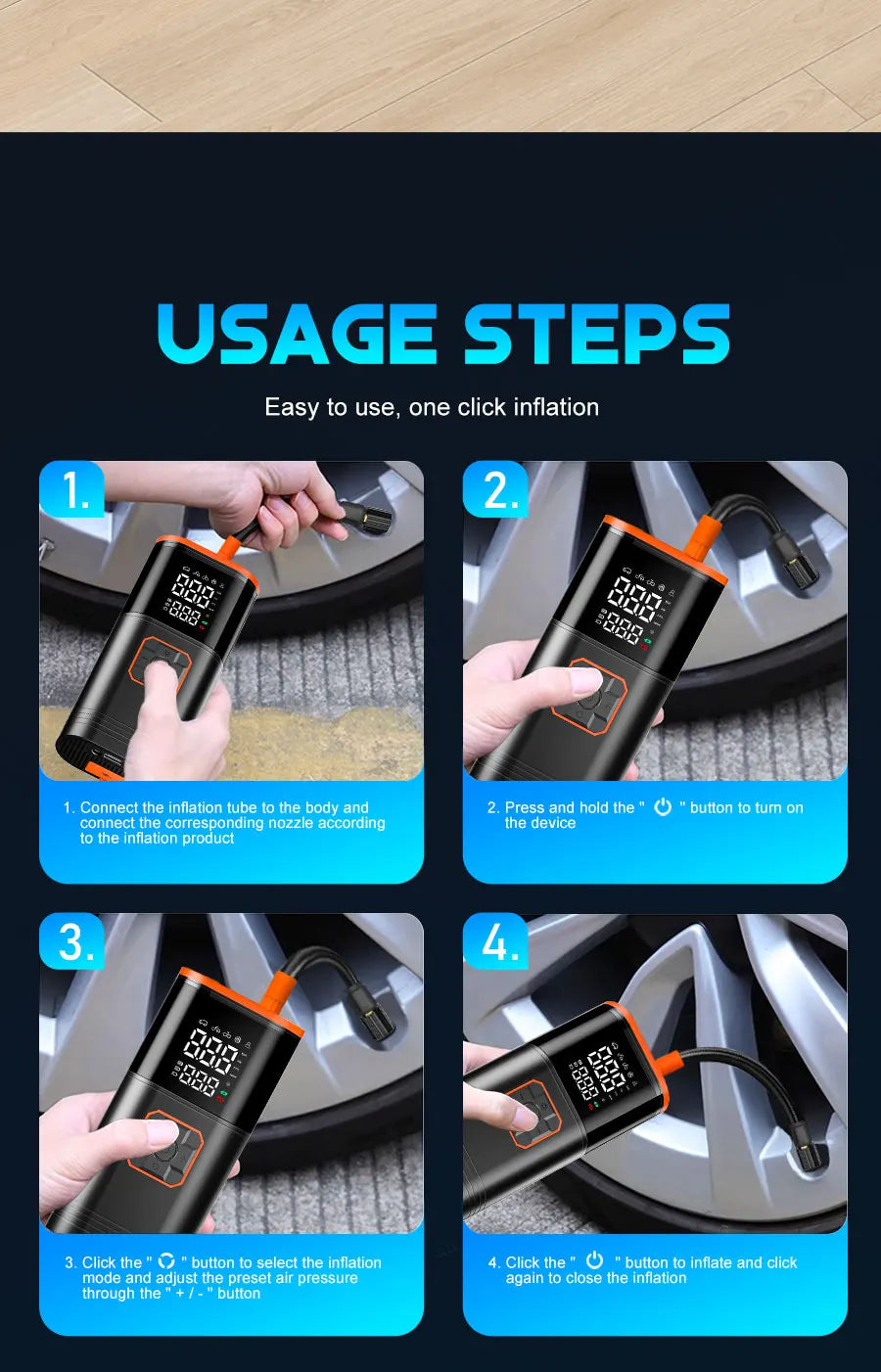 Digital Display Portable Tire Inzzator, USB Rechargeable Air Compressor for Car Bike Motorcycle Tires, Balls, Inflatable Toys