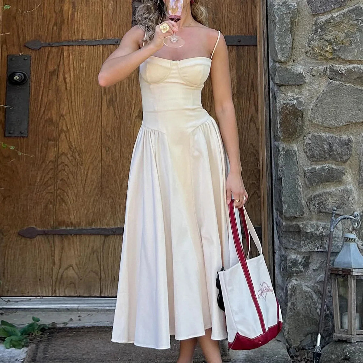 Suninheart Spaghetti Strap Summer Party Dresses 2025 New Arrivals Fit and Flare Elegant Midi Dress Red Night Date Dress