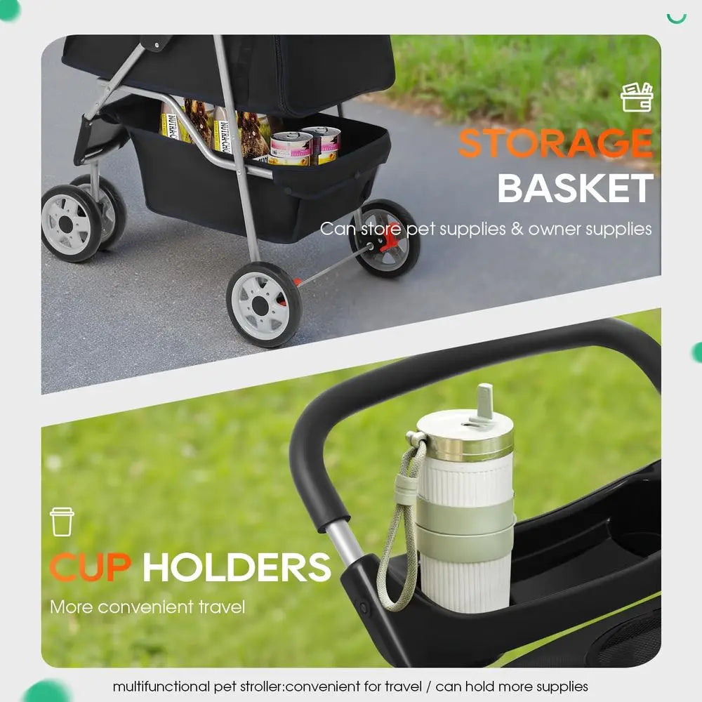 3Wheel Pet Stroller Dog and Cat Stroller Breathable Mesh Lightweight Travel Carrier Waterproof amp Foldable Design Storage Bask