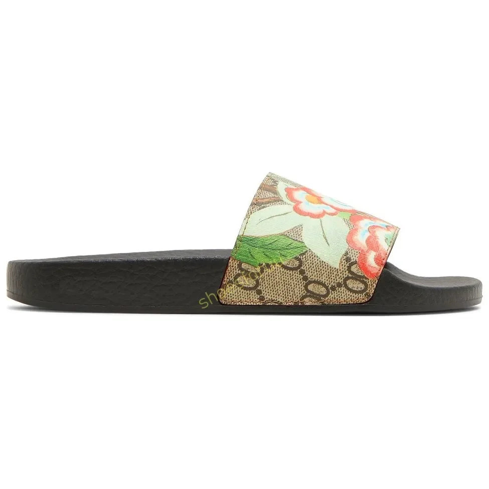 Designer Slippers Fashion Flat Slides Mens Womens claquettes Rubber Slide Sandal Black White Blooms Floral Flat Gear sole Luxury