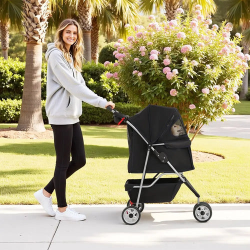 3Wheel Pet Stroller Dog and Cat Stroller Breathable Mesh Lightweight Travel Carrier Waterproof amp Foldable Design Storage Bask