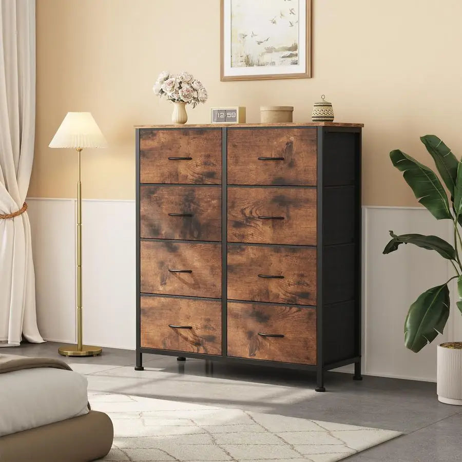 Large Fabric Storage Tower 8 Drawers Dresser 31.5"D x 11.81"W x 36.42"H Bedroom Chest Metal Wooden Top