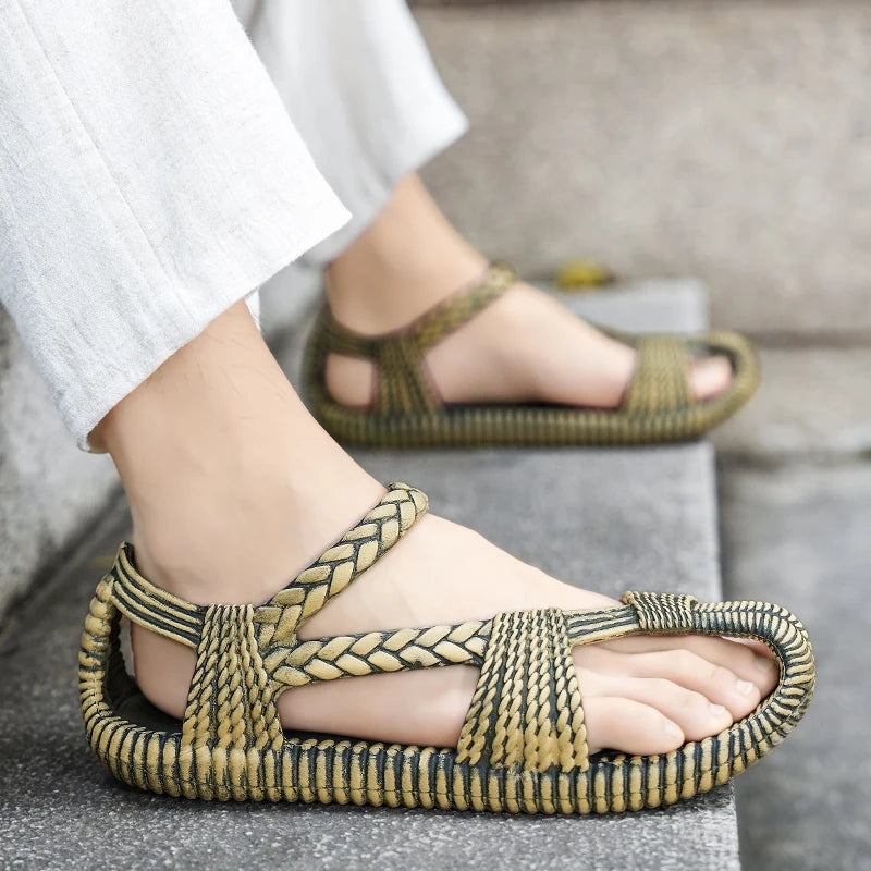 Summer Men's Straw Sandals Comfortable Flat Casual Flip-flop Shoes Men Wear-resistant Sandal for Men Outdoor Beach Shoes Size 47