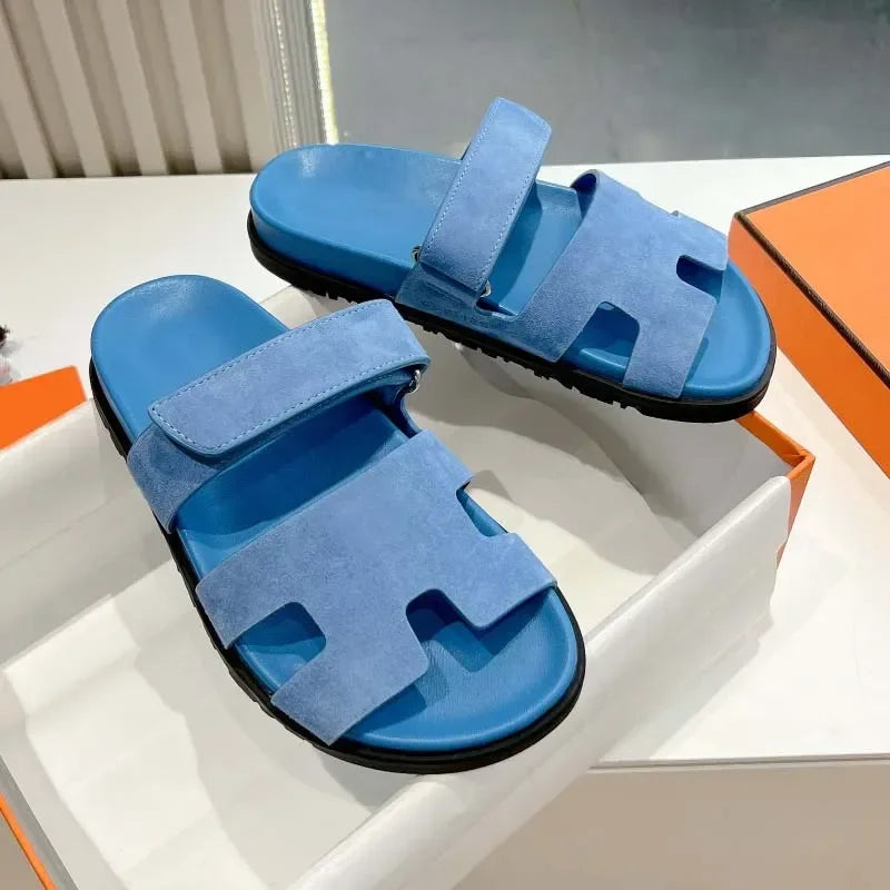 Designer O 'Blue Quality Outdoor Leisure Resort Beach Flats Leather Slippers Chype Season Classic Sandals Size
