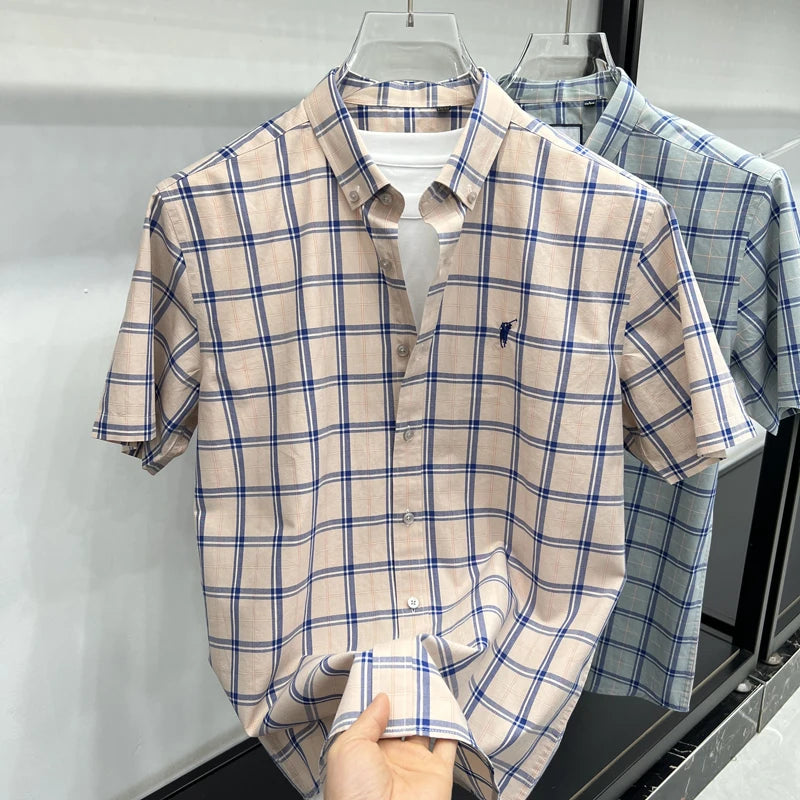 Paul's Plaid Short Sleeve Shirt Men's Summer High-End Small Pony Logo 100% Pure Cotton Half-Sleeve Casual Shirt