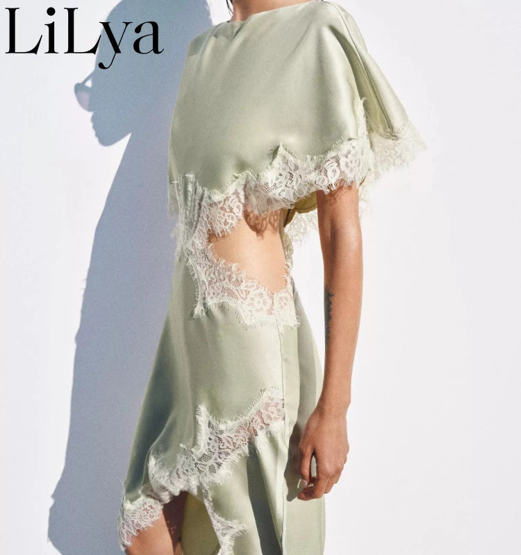 Elegant Solid Waist Hollow Out Woman Dress Lace Trim Cutout Asymmetrical Midi Dress Y2K Lady Sexy Club Party Woman Dress 2026NEW