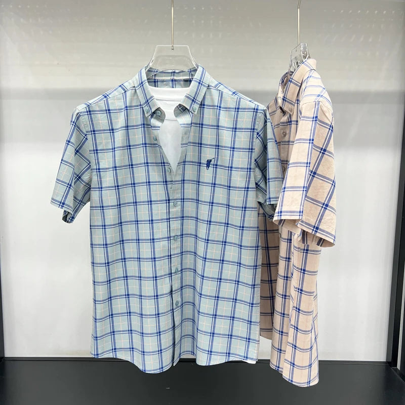 Paul's Plaid Short Sleeve Shirt Men's Summer High-End Small Pony Logo 100% Pure Cotton Half-Sleeve Casual Shirt