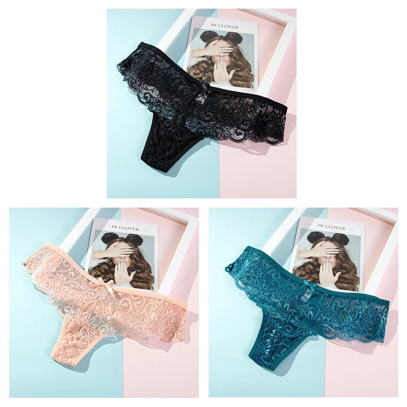 Sexy Lace Thong Women Low Waist Panties Transparent Underwear Hollow Out Female Lingerie Elasticity Comfortable Underpants