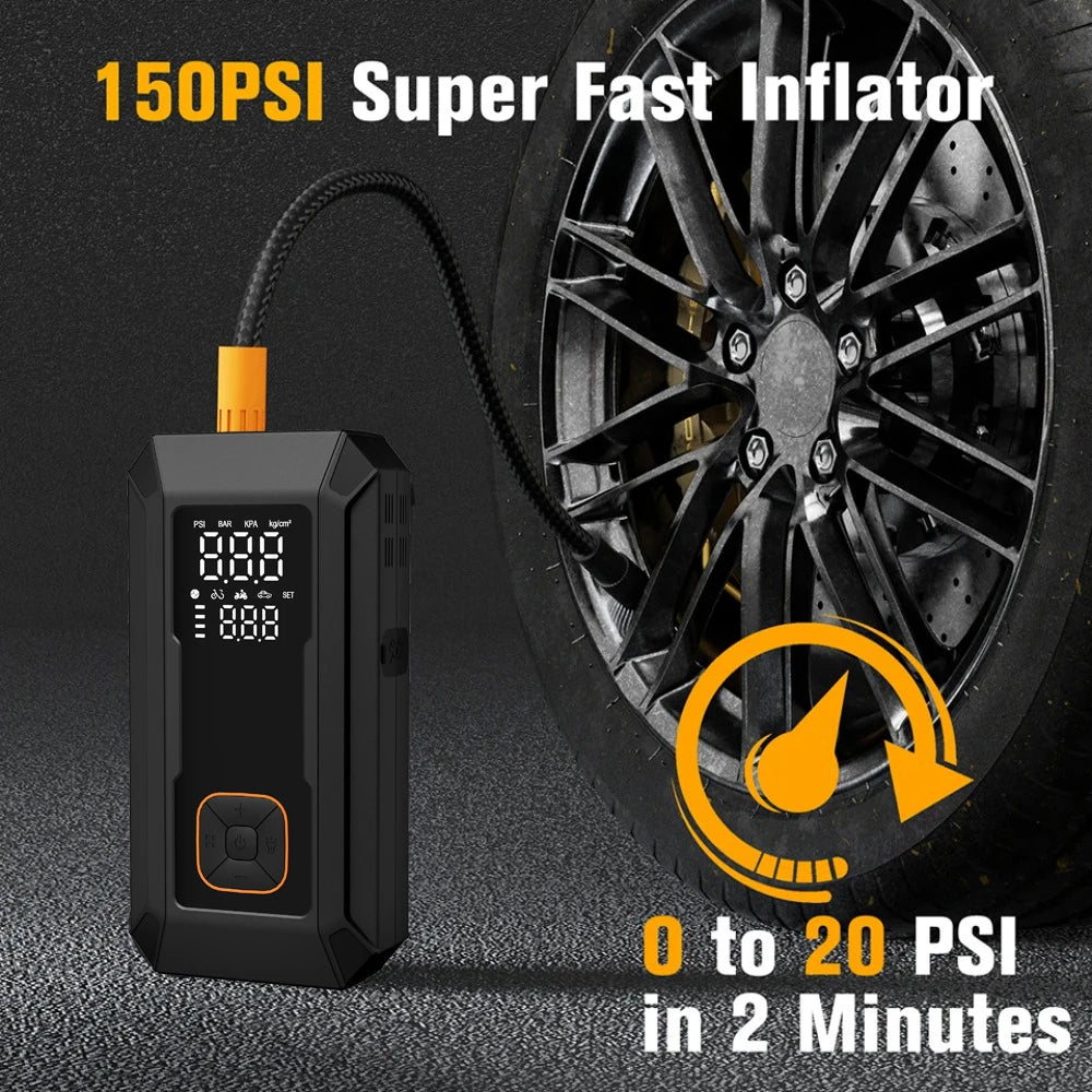 5-IN-1 Car Jump Starter with Air Compressor Peak 1500A Auto Battery Booster 150PSI Air Pump Portable Power Bank Tire Inflator
