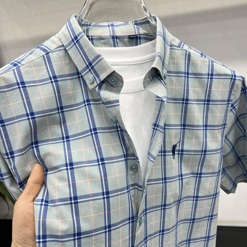 Paul's Plaid Short Sleeve Shirt Men's Summer High-End Small Pony Logo 100% Pure Cotton Half-Sleeve Casual Shirt