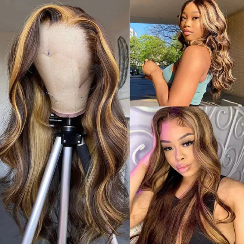 Highlight human hair wig, piano color, lace front wig, Brazilian wig, women's 65CM blonde hair, lace wig, honey body wave