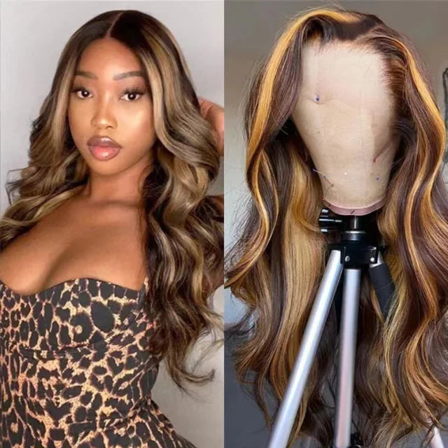 Highlight human hair wig, piano color, lace front wig, Brazilian wig, women's 65CM blonde hair, lace wig, honey body wave