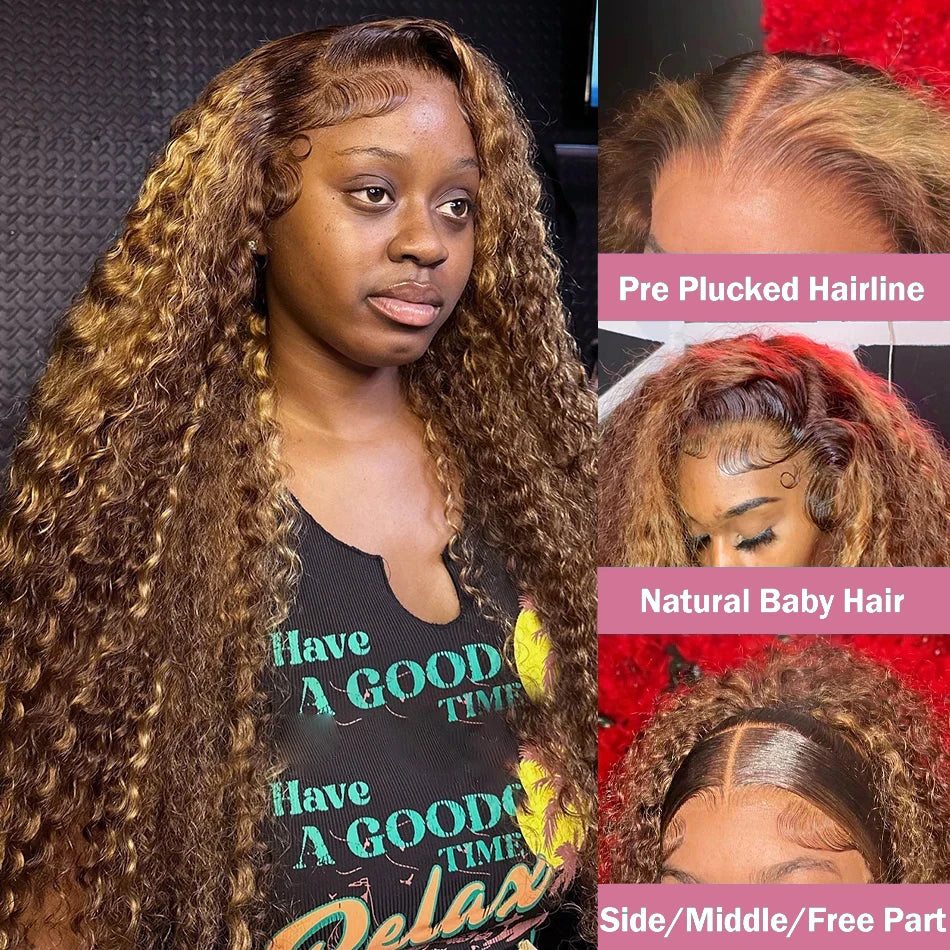 40 42 Inch Curly Highlight Wig Human Hair Colored 13x6 HD Deep Wave Frontal Wig 250% Honey Blond 13x4 Lace Front Wigs For Women