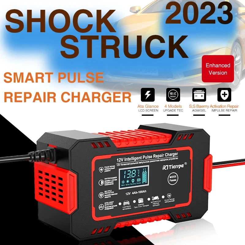 Car Battery Charger 12V 6A Touch Screen Pulse Repair LCD Fast Power Charging Wet Dry Lead Acid Digital LCD Display