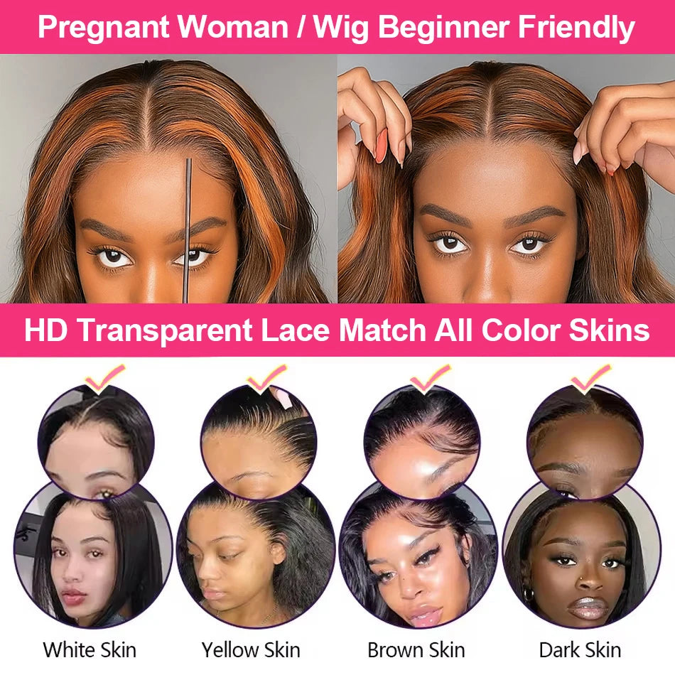 #4/350 Highlight Ginger Brown Short Bob Wig Human Hair Straight 13x4 HD Transparent Lace Frontal Wig Colored 5x5 Glueless Wig